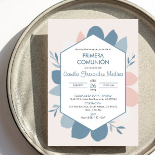 Primera Comunion Blue Leaves First Holy Communion Invitation