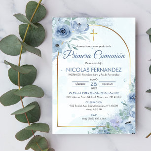 Primera Comunion Cute Blue Flowers First Communion Invitation