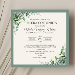 Primera Comunion Green Leaves Boy First Communion Invitation