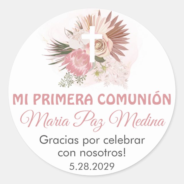 Primera Comunion In Spanish Boho First Communion Classic Round Sticker (Front)