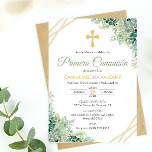 Primera Comunion Invitacion Cute Green Leaves Invitation
