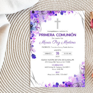 Primera Comunion Invitacion Cute Purple Flowers Invitation