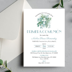 Primera Comunion Invitacion Green Leaves Communion Invitation
