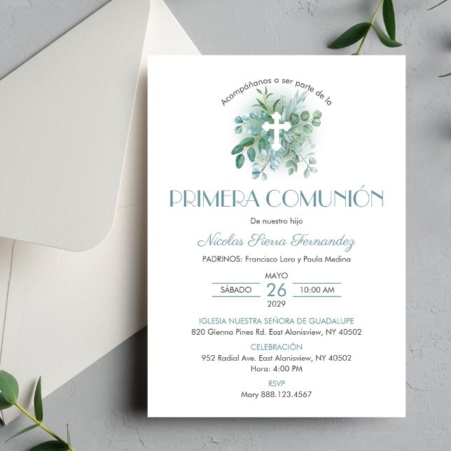 Primera Comunion Invitacion Green Leaves Communion Invitation (Creator Uploaded)