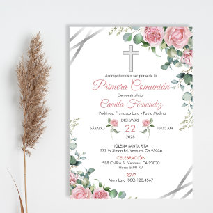 Primera Comunion Invitacion Watercolor Pink Roses Invitation