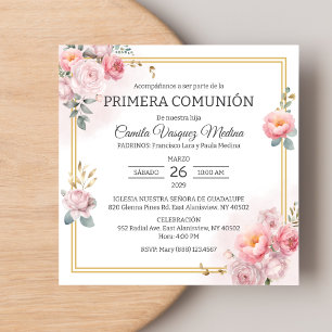 Primera Comunion Pink Roses First Holy Communion Invitation