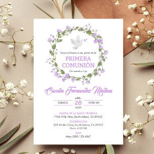 Primera Comunion Purple Flowers First Communion Invitation