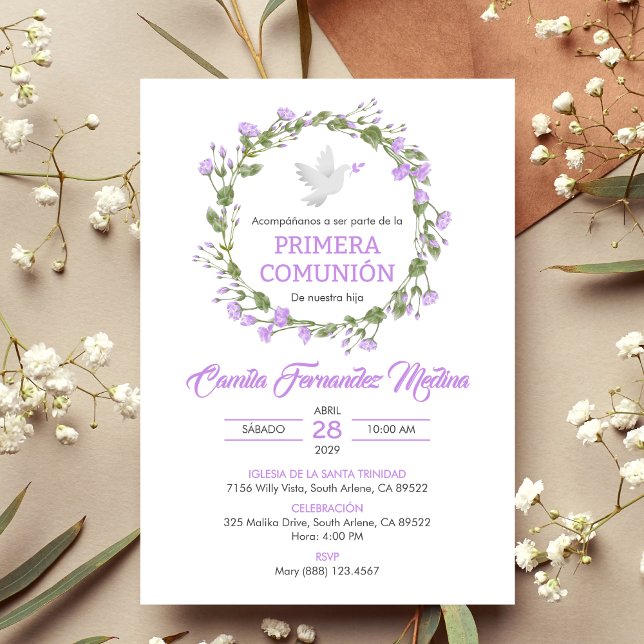 Primera Comunion Purple Flowers First Communion Invitation (Creator Uploaded)