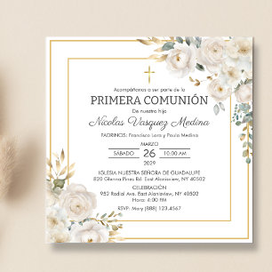 Primera Comunion White Roses First Holy Communion Invitation