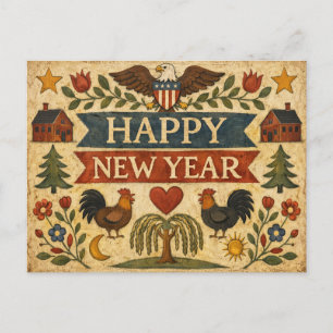 Primitive Americana Folk Art New Year Holiday Postcard