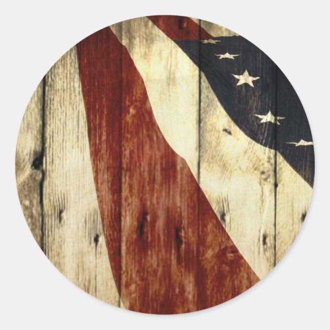 Primitive Americana woodgrain American Flag Classic Round Sticker (Front)