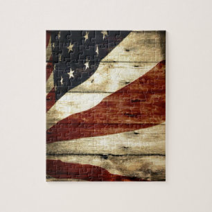 Primitive Americana woodgrain American Flag Jigsaw Puzzle