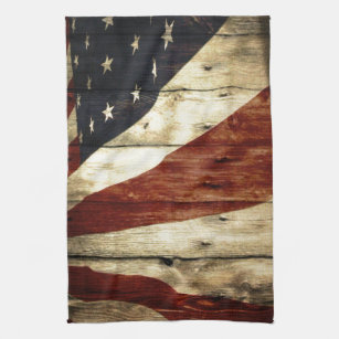 Primitive Americana woodgrain American Flag Tea Towel