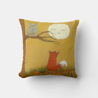 Primitive Art Painting Woodland Fox Owl Moon Cushion