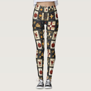 Primitive Autumn Quilt Pattern Farmhouse Harvest Leggings