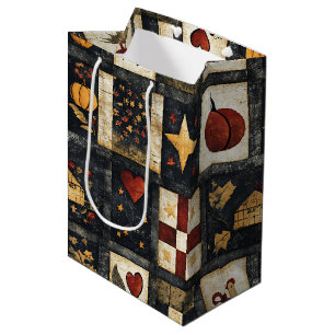 Primitive Autumn Quilt Pattern Farmhouse Harvest Medium Gift Bag