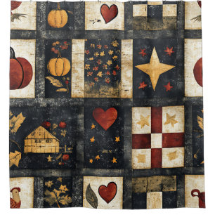 Primitive Autumn Quilt Pattern Farmhouse Harvest Shower Curtain