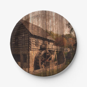 Primitive Barn Wood mill water wheel farmhouse Paper Plate
