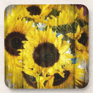 Primitive Barn Wood Western Country Sunflower Coaster