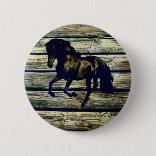 Primitive BarnWood Equestrian Black Stallion Horse 6 Cm Round Badge
