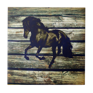 Primitive BarnWood Equestrian Black Stallion Horse Ceramic Tile