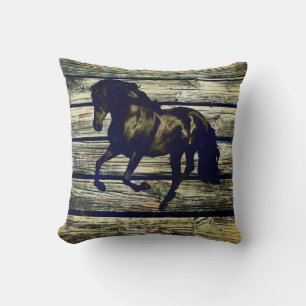 Primitive BarnWood Equestrian Black Stallion Horse Cushion