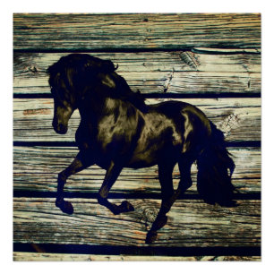 Primitive BarnWood Equestrian Black Stallion Horse Poster