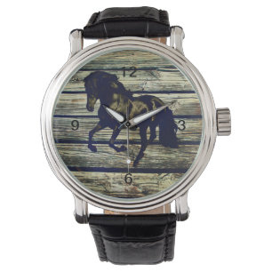 Primitive BarnWood Equestrian Black Stallion Horse Watch