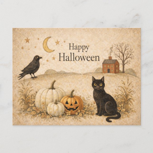 Primitive Black Cat Folk Art Halloween Holiday Postcard (Front)