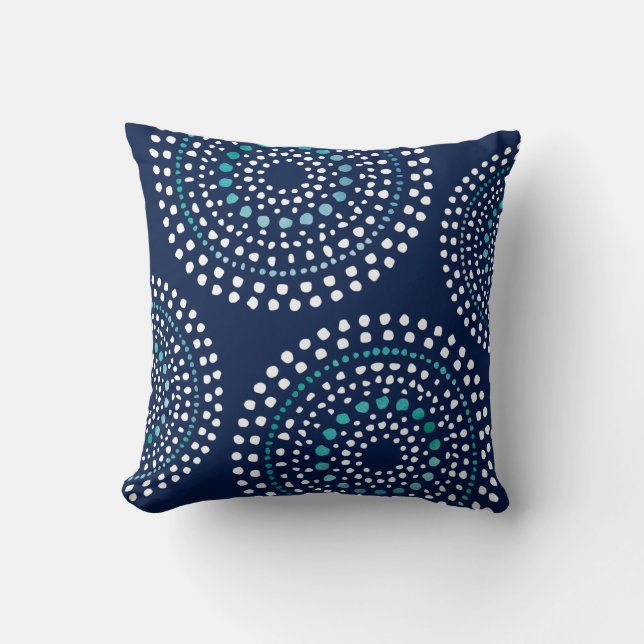 Primitive Boho Mosaic Pattern Aqua Navy Cushion (Front)