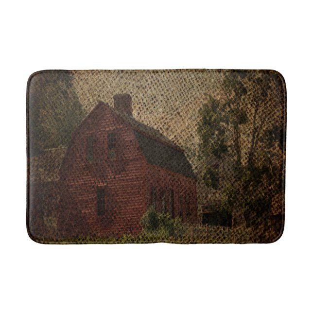 Primitive burlap country farmhouse red barn bath mat (Front)