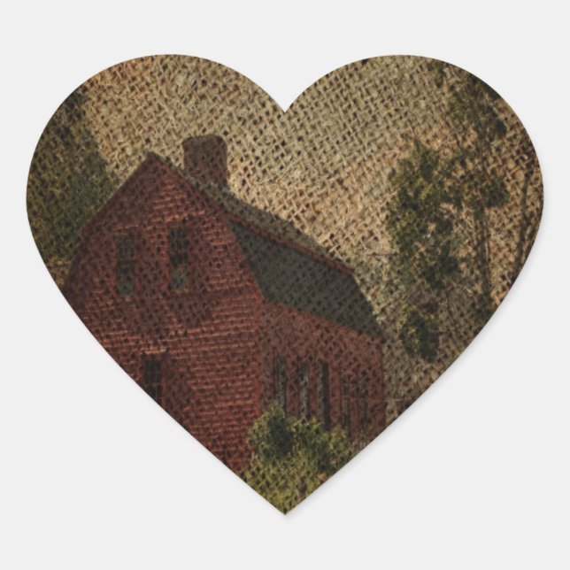 Primitive burlap country farmhouse red barn heart sticker (Front)