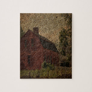 Primitive burlap country farmhouse red barn jigsaw puzzle