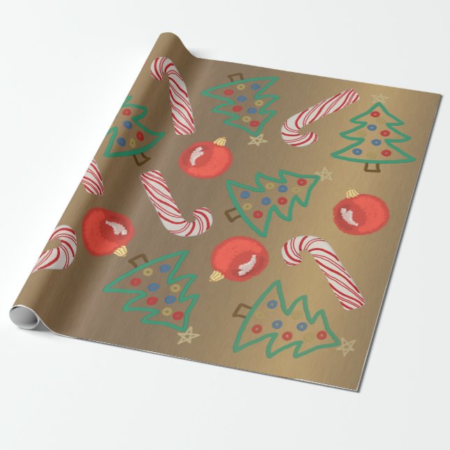 Primitive Candy Cane Christmas Tree Red Ornament Wrapping Paper (Unrolled)