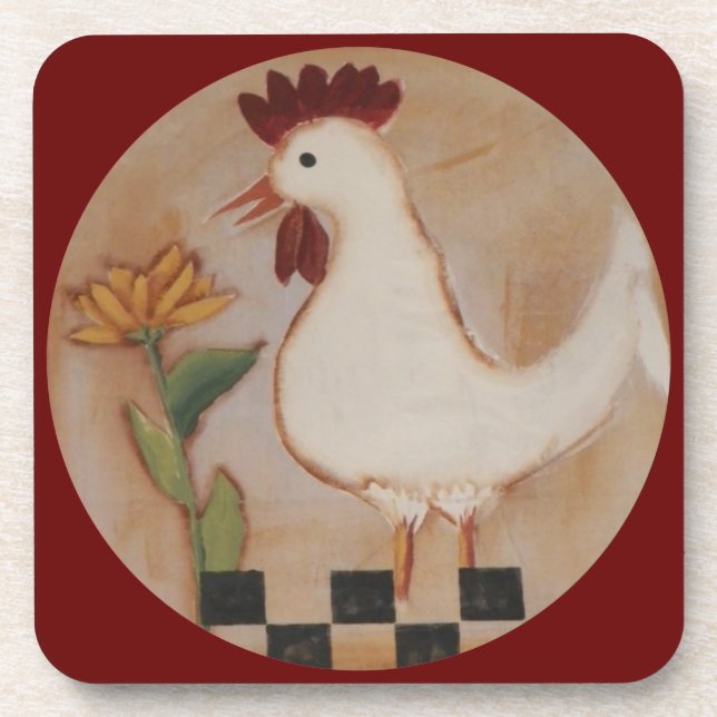 Primitive Chicken and Flower Painting Coaster (Front)