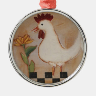 Primitive Chicken and Flower Painting Metal Ornament