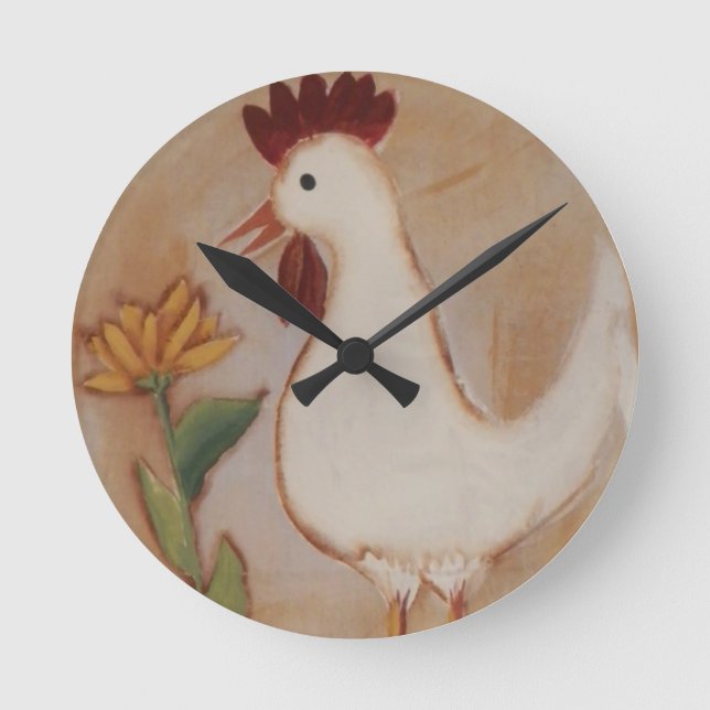 Primitive Chicken and Flower Painting Round Clock (Front)