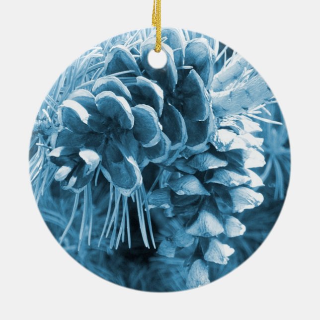 Primitive Christmas pine tree ice blue pinecone Ceramic Ornament (Back)