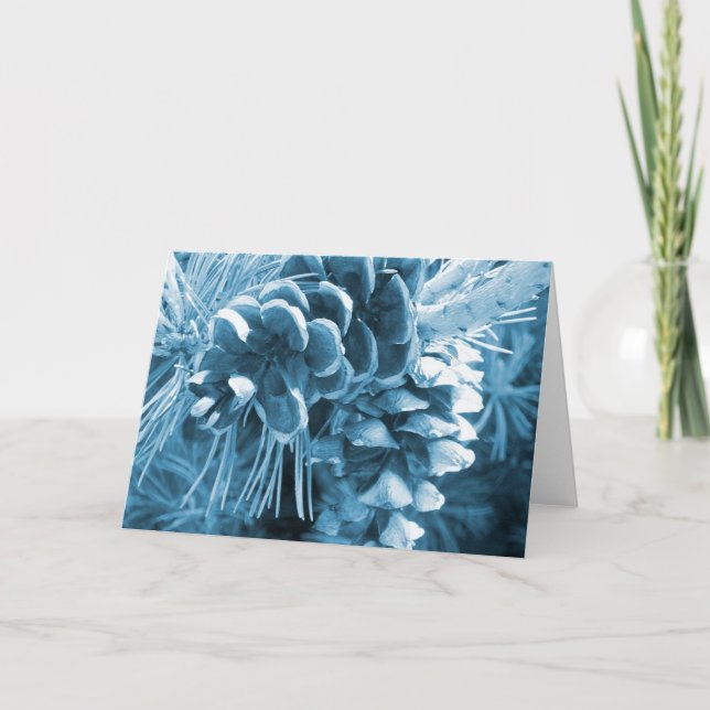 Primitive Christmas pine tree ice blue pinecone Holiday Card (Front)