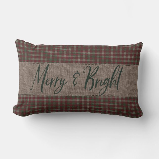 Primitive Christmas Red & Green Homespun Merry Lumbar Cushion (Front)