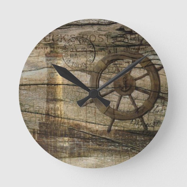Primitive Coastal Nautical Helm Wheel lighthouse Round Clock (Front)
