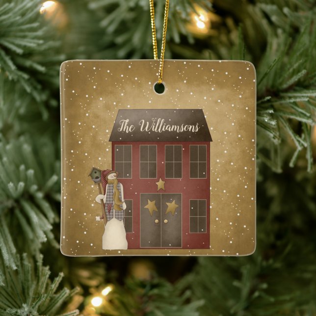 Primitive Country Christmas Home Custom Name Ceramic Ornament (Tree)