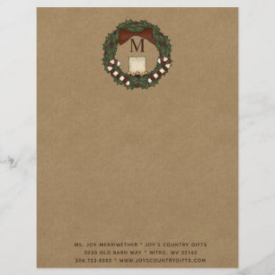 Primitive Country Christmas Wreath Monogrammed Custom Letterhead