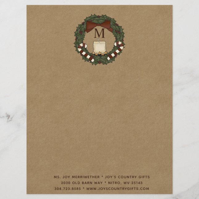 Primitive Country Christmas Wreath Monogrammed Custom Letterhead (Front)