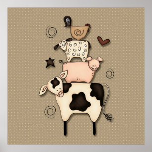 Primitive Country Cow, Sheep, Pig & Rooster Decor