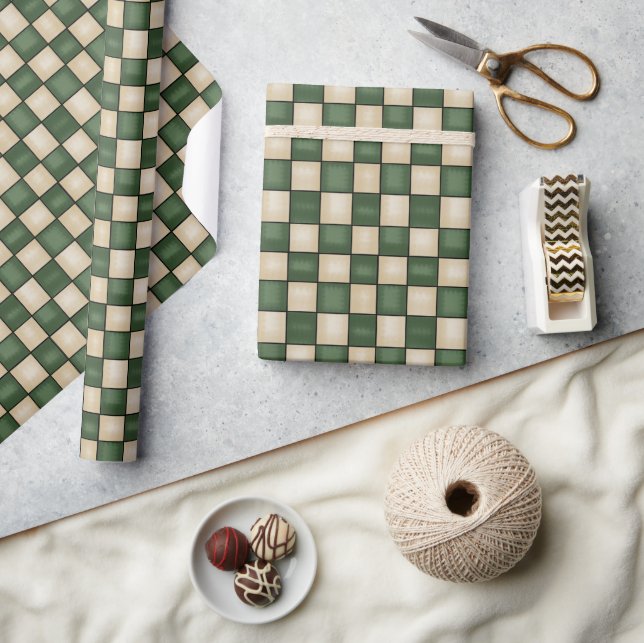 Primitive Country Green  and Tan Checked  Wrapping Paper (Crafts)