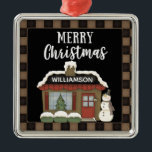 PRIMITIVE COUNTRY MERRY CHRISTMAS COTTAGE NAME METAL ORNAMENT<br><div class="desc">RUSTIC PRIMITIVE COUNTRY MERRY CHRISTMAS COTTAGE WITH PRIMITIVE SNOWMAN.</div>