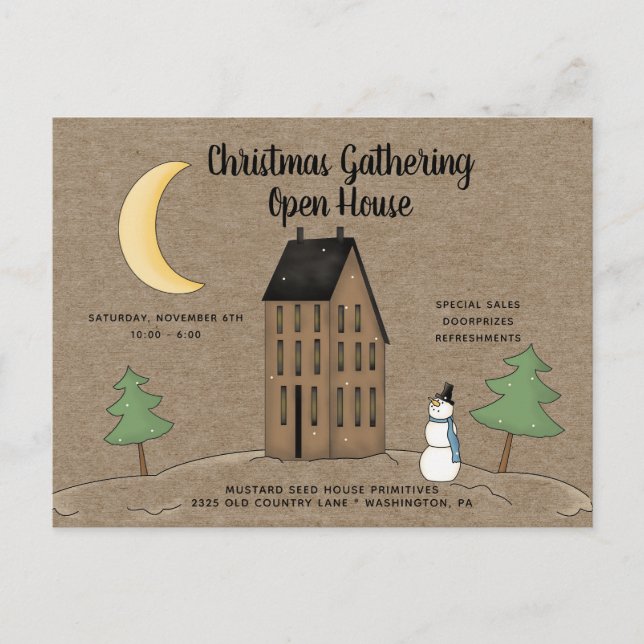Primitive Country  Open House Holiday Postcard (Front)