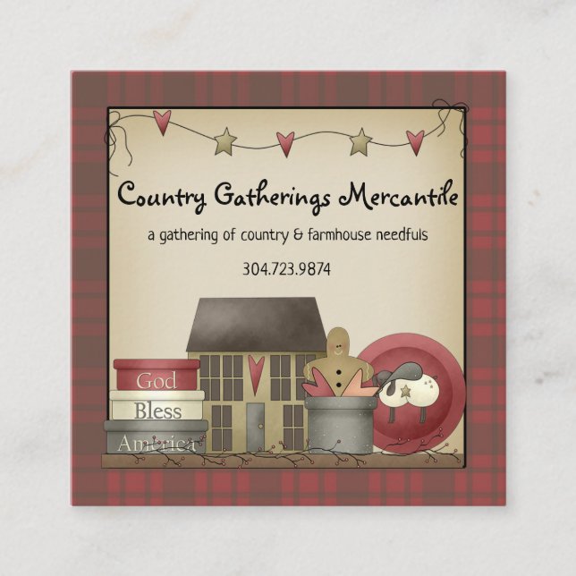 Primitive Country Plaid and Saltbox House  Square Business Card (Front)