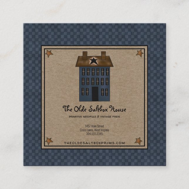 Primitive Country Saltbox House Rusty Stars Kraft Square Business Card (Front)
